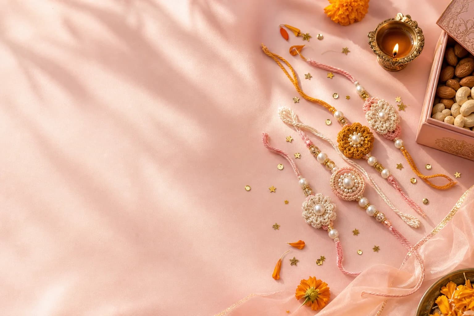 Handmade rakhis and festive gifting on blush silk