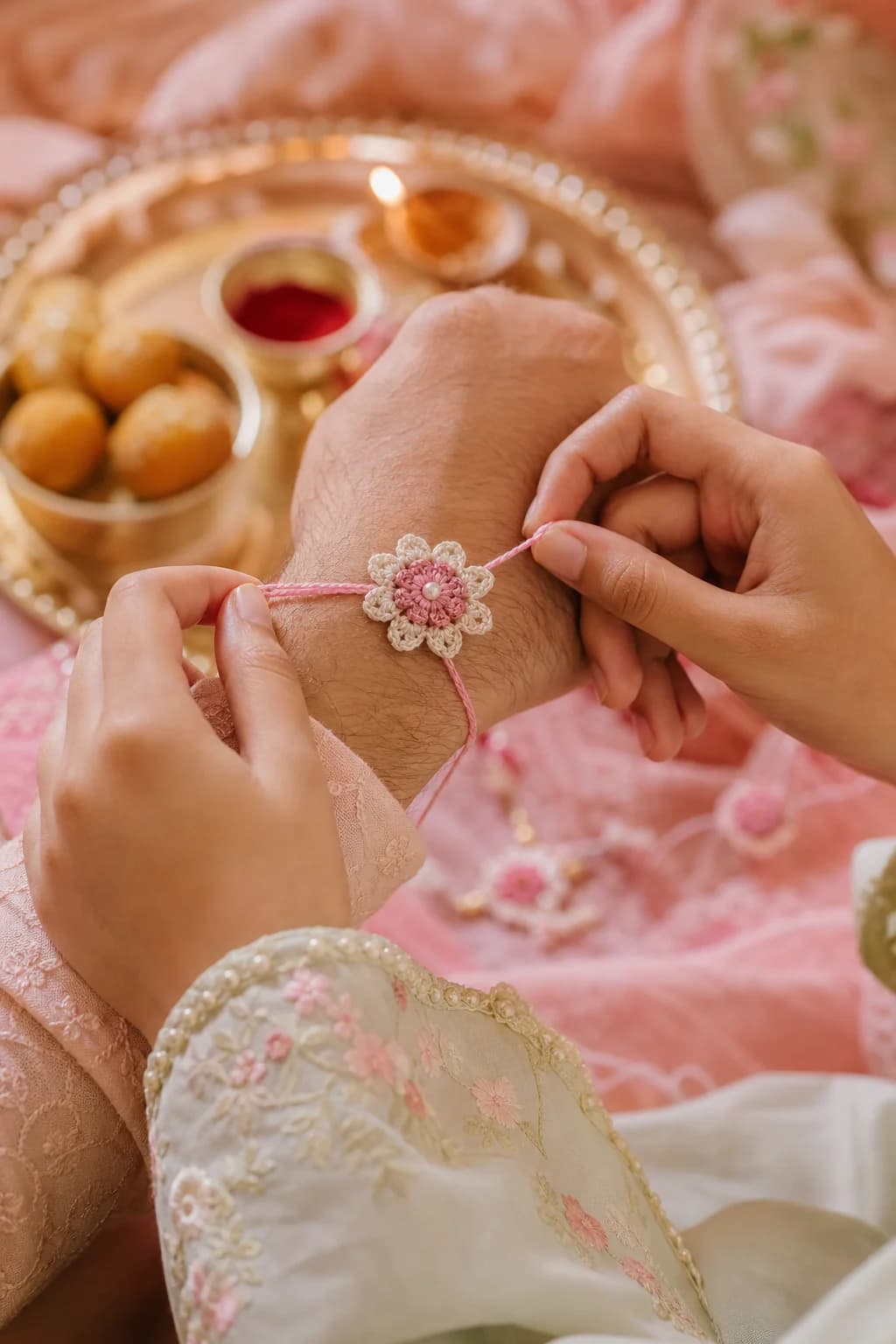 Tying a handmade rakhi during Raksha Bandhan